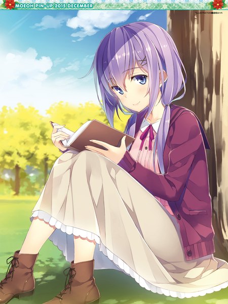Anime picture 1920x2558 with dengeki moeou yuuki hagure single tall image looking at viewer blush fringe highres sitting purple eyes twintails payot absurdres sky purple hair cloud (clouds) bent knee (knees) outdoors fingernails light smile