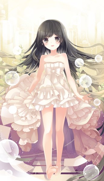 Anime picture 1000x1743 with original +++0 single tall image looking at viewer blush black hair smile bare shoulders very long hair barefoot bare legs girl dress bow frills white dress bubble (bubbles)