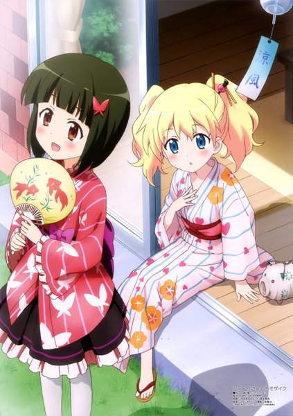 Anime picture 4091x5799 with kin-iro mosaic alice carteret oomiya shinobu kawada izumi long hair tall image blush highres short hair open mouth blue eyes black hair blonde hair red eyes twintails multiple girls absurdres traditional clothes japanese clothes official art