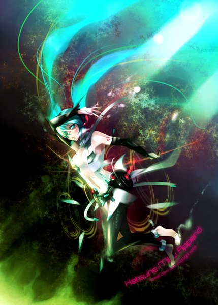 Anime picture 1036x1450 with vocaloid vocaloid append hatsune miku hatsune miku (append) caffein single long hair tall image fringe twintails bare shoulders barefoot aqua eyes hair over one eye aqua hair girl necktie