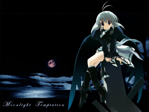 Anime picture 1024x768 with utawareru mono kamyu amazuyu tatsuki single looking at viewer fringe blue eyes hair between eyes sitting cloud (clouds) full body ahoge grey hair night black background third-party edit girl wings water moon