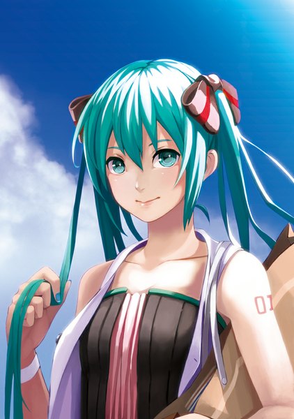 Anime picture 704x1000 with vocaloid hatsune miku elrowa (artist) single long hair tall image looking at viewer twintails sky cloud (clouds) aqua eyes light smile aqua hair girl bow hair bow bag