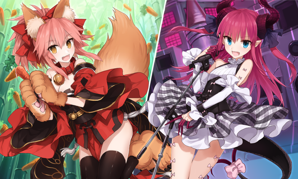 Anime picture 1000x600 with fate (series) fate/grand order fate/stay night fate/extra fate/extra ccc tamamo (fate) (all) elizabeth bathory (fate) (all) elizabeth bathory (fate) cu chulainn (fate) tamamo cat (fate) berserker shirako miso long hair short hair open mouth blue eyes wide image multiple girls animal ears yellow eyes