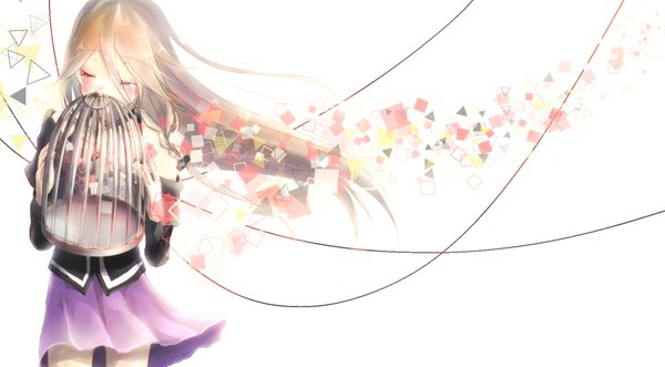 Anime picture 1755x969 with vocaloid ia (vocaloid) uruha (yw1109) single long hair highres simple background wide image white background bare shoulders holding silver hair braid (braids) eyes closed pleated skirt wind single braid crying girl skirt