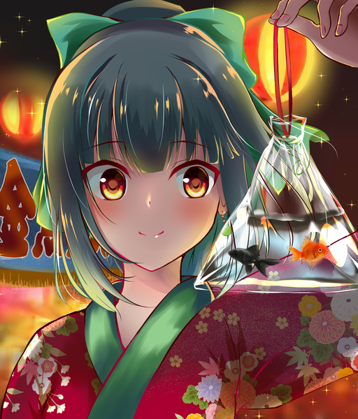 Anime picture 1287x1507 with kantai collection yuubari light cruiser amagami (makise tsubaki) single long hair tall image blush fringe smile red eyes holding looking away upper body ponytail blunt bangs traditional clothes japanese clothes fingernails green hair sparkle