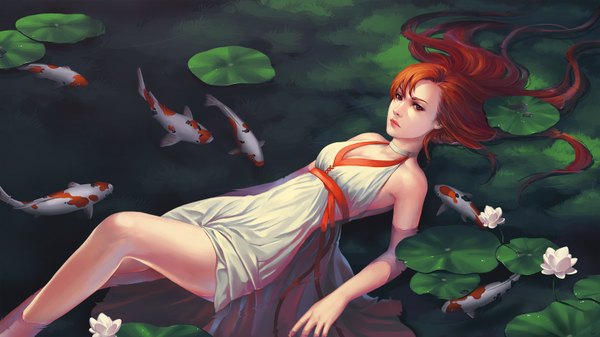 Anime picture 1600x900 with unodu single long hair blue eyes wide image looking away cleavage bent knee (knees) lips orange hair girl flower (flowers) animal water fish (fishes) water lily pond
