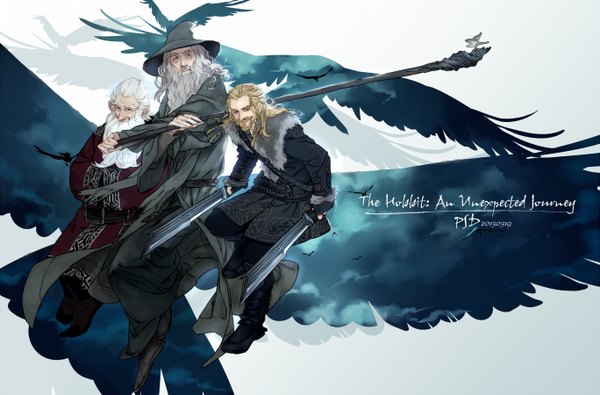 Anime picture 1367x900 with the hobbit balin fili gandalf psd (pixiv) looking at viewer blue eyes blonde hair smile brown eyes signed looking away white hair braid (braids) grey hair multiple boys hands in sleeves old man boy weapon