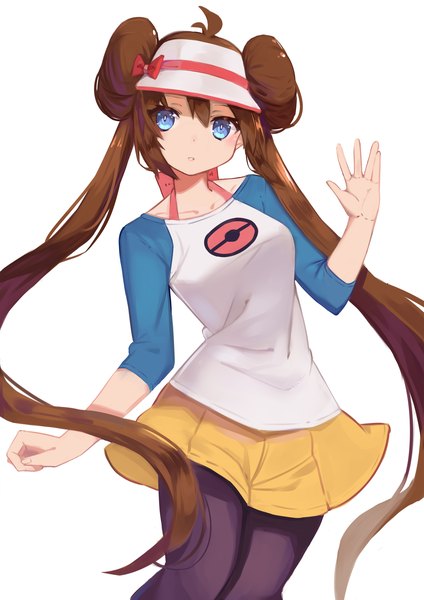 Anime picture 1240x1753 with pokemon pokemon black and white nintendo rosa (pokemon) ryuuno6 single long hair tall image looking at viewer blue eyes simple background hair between eyes brown hair white background twintails ahoge hair bun (hair buns) girl pantyhose shorts