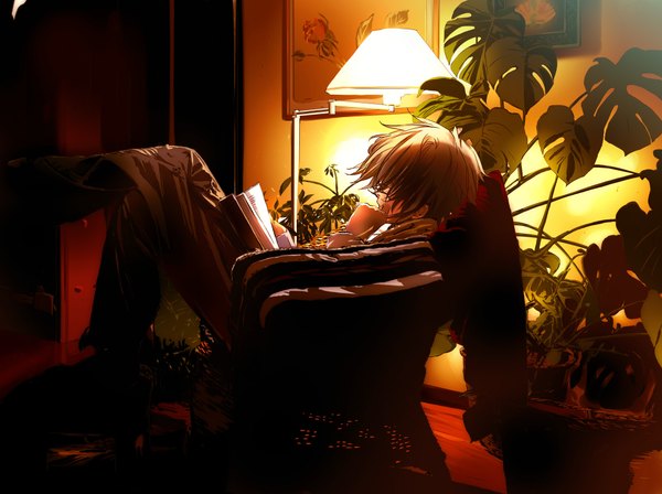 Anime picture 2000x1494 with original tsuchi-kei single highres short hair indoors from behind reading boy plant (plants) book (books)