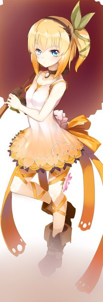 Anime picture 750x2192 with tales of zestiria edna (tales) aosora kamiya single tall image looking at viewer fringe short hair blue eyes blonde hair standing holding bent knee (knees) from above sleeveless one side up looking up girl dress hair ornament