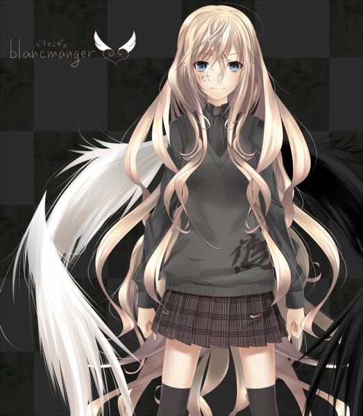 Anime picture 1108x1272 with original nil (artist) long hair tall image blue eyes blonde hair smile checkered background girl thighhighs skirt black thighhighs wings