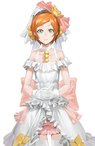 Anime picture 521x800 with love live! school idol project sunrise (studio) love live! hoshizora rin modare single tall image looking at viewer fringe short hair simple background smile white background green eyes orange hair girl dress gloves white gloves wedding dress