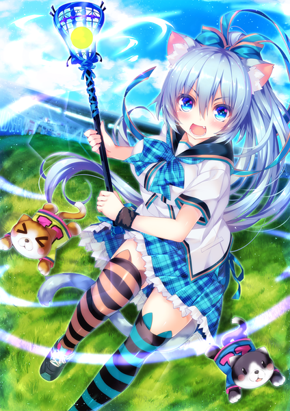 Anime picture 1061x1500 with original moe2017 ojitcha single long hair tall image blush open mouth blue eyes holding animal ears blue hair sky ponytail tail animal tail pleated skirt cat ears cat girl cat tail