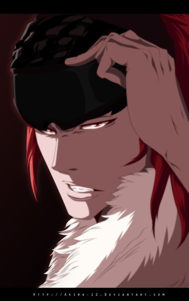 Anime picture 1221x1935 with bleach studio pierrot abarai renji akira-12 single long hair tall image simple background red hair pink eyes grin coloring black background close-up angry boy fur goggles bandana