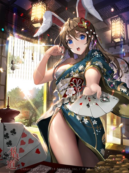 Anime picture 1000x1333 with joker ~gang road~ original rebecca myers tob single long hair tall image blush open mouth blue eyes brown hair traditional clothes japanese clothes outstretched hand girl hair ornament kimono obi card (cards) gold