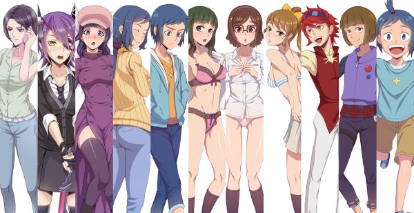 Anime picture 1200x617 with kantai collection mobile suit gundam gundam build fighters samurai flamenco sunrise (studio) tenryuu light cruiser kousaka china iori rinko mihoshi (gundam bf) samejima yukari ootake akemi iori sei reiji (gundam bf) ishihara sumi sazaki susumu (gundam bf) hayate (leaf98k) long hair blush short hair open mouth