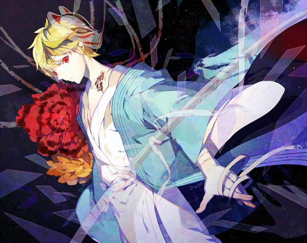 Anime picture 1089x864 with noragami studio bones yukine (noragami) moca (p0ckylo) single fringe short hair blonde hair red eyes looking away traditional clothes japanese clothes fingernails tattoo alternate costume mask on head boy flower (flowers) weapon sword