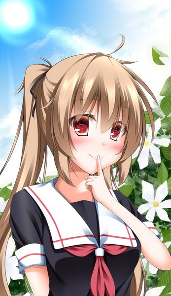 Anime picture 597x1030 with kantai collection murasame destroyer narukami ginryuu single long hair tall image looking at viewer blush smile red eyes brown hair twintails finger to mouth girl flower (flowers) sailor suit