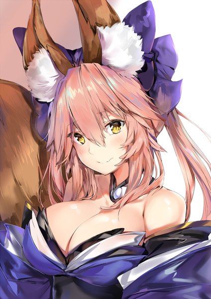 Anime picture 1200x1696 with fate (series) fate/extra tamamo (fate) (all) tamamo no mae (fate) silver (chenwen) single long hair tall image looking at viewer blush fringe breasts light erotic simple background hair between eyes large breasts bare shoulders animal ears yellow eyes pink hair