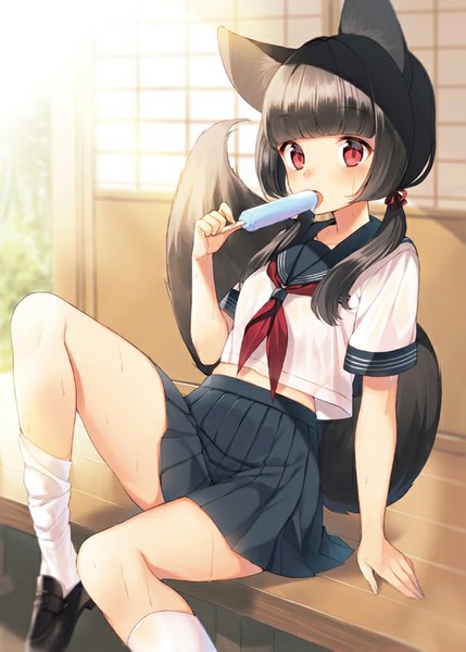 Anime picture 572x800 with original midorikawa you single long hair tall image blush fringe open mouth black hair red eyes sitting twintails holding animal ears bent knee (knees) tail animal tail pleated skirt sunlight sweat