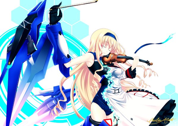 Anime picture 1528x1080 with infinite stratos 8bit cecilia orcott long hair blonde hair eyes closed girl uniform school uniform hairband mecha violin bow (instrument)