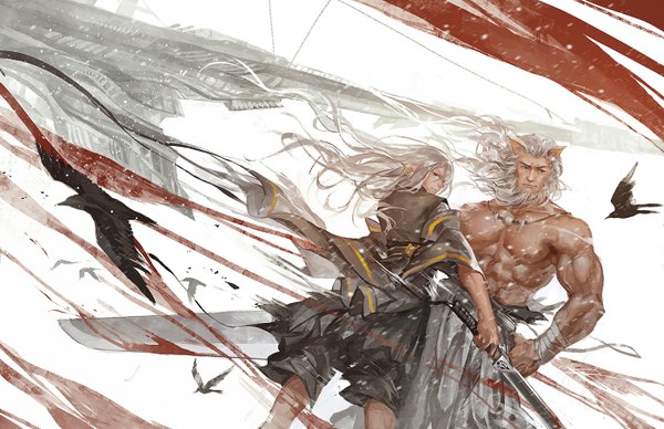 Anime picture 1400x906 with original pixiv fantasia pixiv fantasia t hanyijie long hair looking at viewer standing holding brown eyes silver hair white hair looking back wind pointy ears from behind teeth fang (fangs) back flying muscle