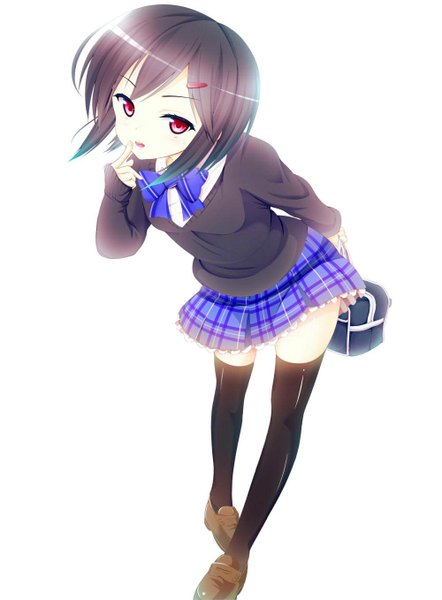 Anime picture 1000x1357 with original kinta (distortion) single tall image short hair open mouth black hair red eyes leaning zettai ryouiki leaning forward finger to mouth girl thighhighs skirt uniform hair ornament black thighhighs school uniform serafuku
