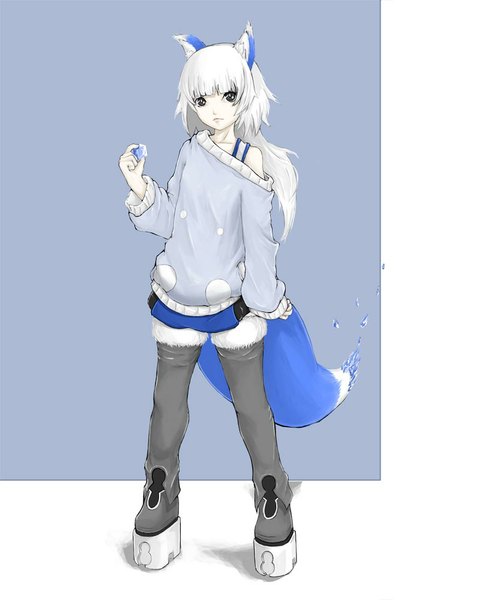 Anime picture 833x1000 with original akira0171 single long hair tall image looking at viewer fringe standing bare shoulders holding animal ears white hair tail animal tail grey eyes fox ears fox tail fox girl white skin girl