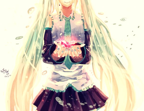 Anime picture 1244x963 with vocaloid hatsune miku hzrn (ymj924) single long hair simple background smile twintails signed nail polish aqua hair underwater head out of frame girl skirt shirt necktie bubble (bubbles)
