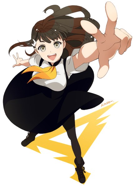 Anime picture 923x1296 with gatchaman crowds tatsunoko ichinose hajime kaisen single long hair tall image looking at viewer fringe open mouth simple background brown hair white background brown eyes signed full body arm up from above wind victory