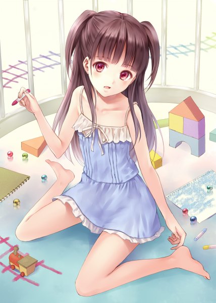 Anime picture 857x1200 with original fukahire (ruinon) single long hair tall image looking at viewer blush open mouth black hair red eyes twintails short twintails girl dress sundress