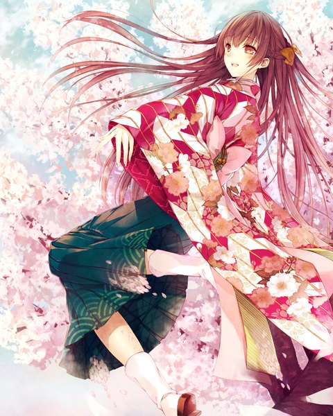 Anime picture 1600x2000 with original saijou haruki single long hair tall image looking at viewer blush fringe open mouth smile hair between eyes brown hair brown eyes payot pink hair sky bent knee (knees) braid (braids) long sleeves traditional clothes