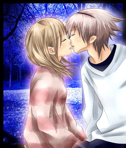 Anime picture 2932x3445 with soul eater studio bones maka albarn soul eater evans gone-phishing tall image highres short hair brown hair eyes closed profile grey hair coloring spiked hair almost kiss girl boy plant (plants) tree (trees) sweater