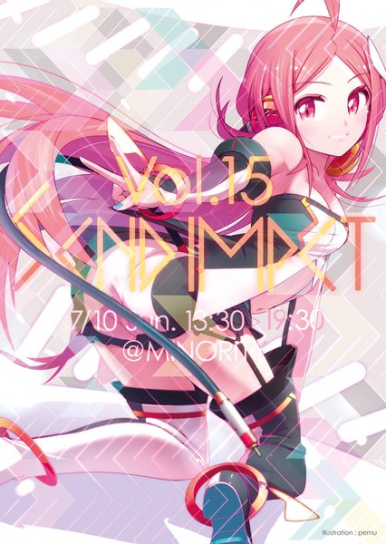 Anime picture 1064x1500 with original pemu single long hair tall image blush light erotic smile looking away pink hair ahoge nail polish pink eyes fingernails arm support teeth kneeling outstretched arm victory time
