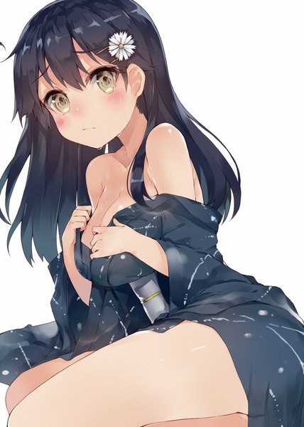 Anime picture 714x1000 with kantai collection ushio destroyer kou mashiro single long hair tall image looking at viewer blush fringe breasts light erotic black hair simple background white background bare shoulders brown eyes traditional clothes japanese clothes hair flower girl