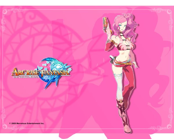 Anime picture 1280x1024 with arc rise fantasia single looking at viewer blue eyes simple background pink hair ponytail inscription mole mole under eye girl thighhighs navel weapon detached sleeves white thighhighs