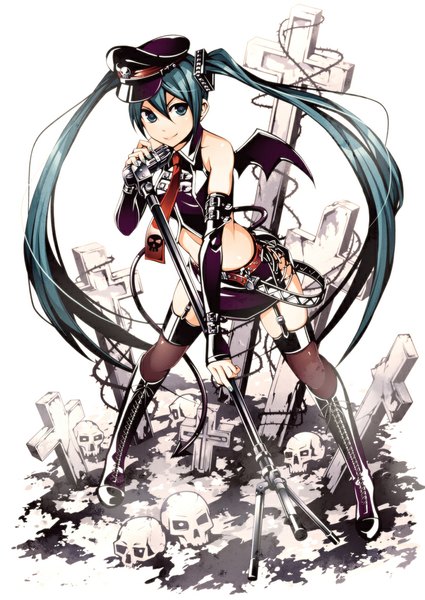 Anime picture 708x1000 with vocaloid hatsune miku torigoe takumi single tall image blue eyes twintails bare shoulders blue hair very long hair girl thighhighs skirt hair ornament black thighhighs detached sleeves wings necktie boots cross