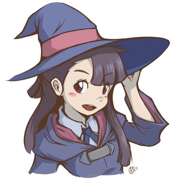 Anime picture 1200x1200 with little witch academia studio trigger kagari atsuko richter h single long hair looking at viewer blush fringe open mouth simple background red eyes brown hair white background upper body blunt bangs portrait adjusting hat girl hat