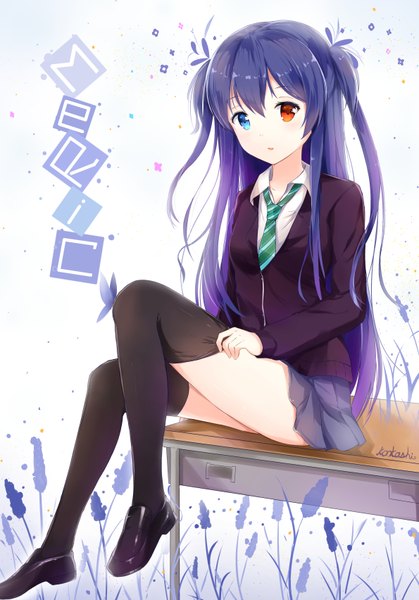 Anime picture 2380x3408 with original konka single long hair tall image looking at viewer highres blue hair heterochromia girl thighhighs skirt black thighhighs necktie sweater desk
