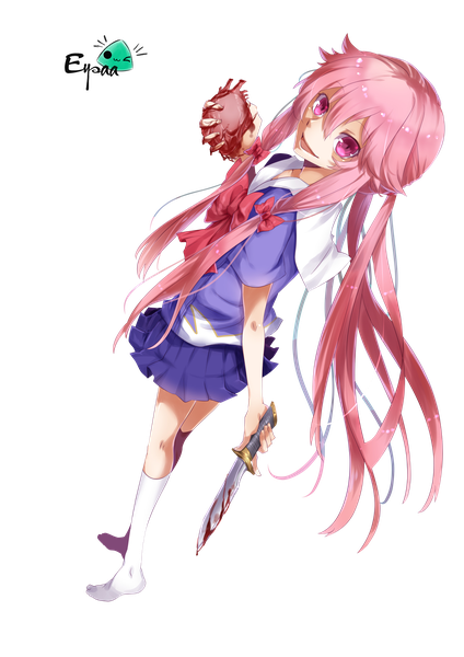 Anime picture 2480x3507 with mirai nikki gasai yuno eysaa appleruby single tall image looking at viewer highres open mouth smile pink hair full body very long hair pink eyes from above no shoes transparent background girl skirt uniform