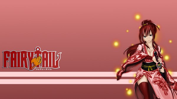 Anime picture 1920x1080 with fairy tail erza scarlet single long hair highres open mouth wide image brown eyes red hair japanese clothes wallpaper girl thighhighs weapon sword kimono katana obi