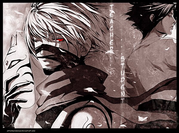 Anime picture 1100x821 with naruto studio pierrot naruto (series) uchiha sasuke hatake kakashi sakimichan short hair black hair red eyes white hair one eye closed looking back wink monochrome sharingan boy scarf mask