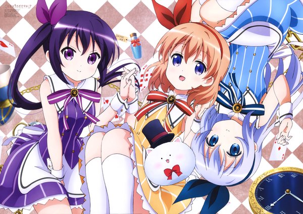 Anime picture 8600x6084 with gochuumon wa usagi desu ka? white fox kafuu chino hoto cocoa tedeza rize tippy (gochiusa) long hair looking at viewer highres short hair open mouth blue eyes purple eyes twintails multiple girls blue hair absurdres purple hair orange hair official art