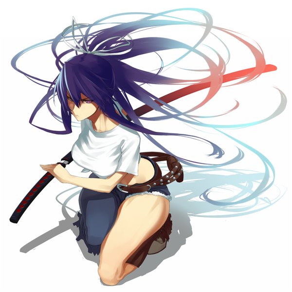 Anime picture 1000x1000 with to aru majutsu no index j.c. staff kanzaki kaori tef single long hair looking at viewer breasts large breasts white background sitting purple eyes purple hair multicolored hair shadow gradient hair wide hips asymmetrical clothes girl weapon