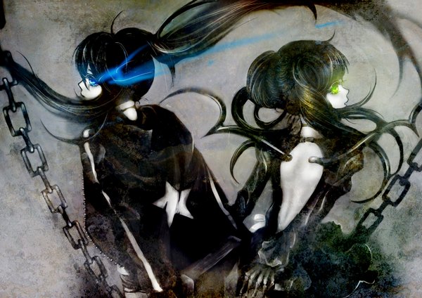 Anime picture 3508x2480 with black rock shooter black rock shooter (character) dead master ta (pixiv) long hair highres blue eyes black hair twintails multiple girls green eyes absurdres glowing glowing eye (eyes) girl 2 girls wings star (symbol) chain