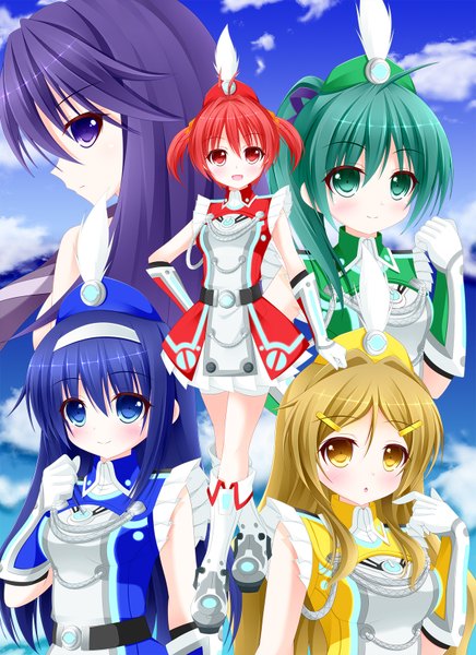 Anime picture 1200x1650 with vividred operation isshiki akane futaba aoi (vividred operation) shinomiya himawari kuroki rei saegusa wakaba yunagi amane long hair tall image blush short hair blue eyes blonde hair red eyes twintails purple eyes multiple girls green eyes yellow eyes blue hair