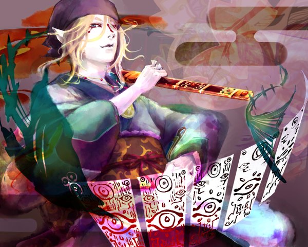 Anime picture 1280x1024 with mononoke toei animation kusuriuri (mononoke) tagme (artist) single long hair blue eyes blonde hair japanese clothes pointy ears facial mark boy weapon card (cards) bandana ofuda