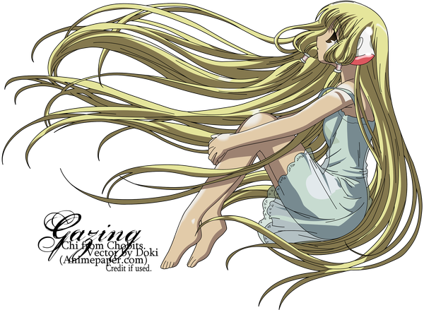 Anime picture 2731x2000 with chobits clamp chii single fringe highres blonde hair brown eyes full body bent knee (knees) very long hair profile off shoulder dark skin looking up transparent background vector girl dress sundress