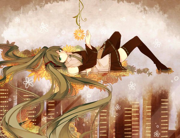 Anime picture 1500x1150 with vocaloid hatsune miku irasuto0719 single looking at viewer fringe twintails green eyes lying very long hair pleated skirt green hair on back zettai ryouiki girl thighhighs skirt flower (flowers) black thighhighs detached sleeves