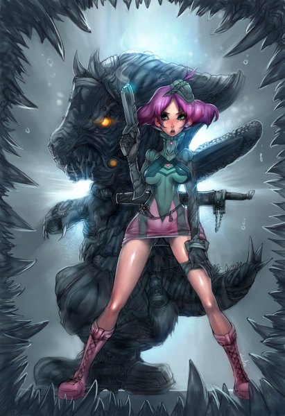 Anime picture 3771x5496 with tagme (artist) tall image highres open mouth pink hair absurdres horn (horns) aqua eyes legs glowing glowing eye (eyes) framed girl gloves hat boots gun monster